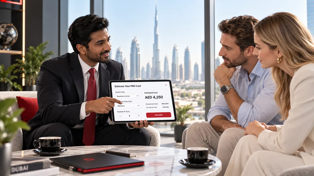 An 800 DOCS PRO consultant showing a company owner the itemized visa cost estimate on a tablet